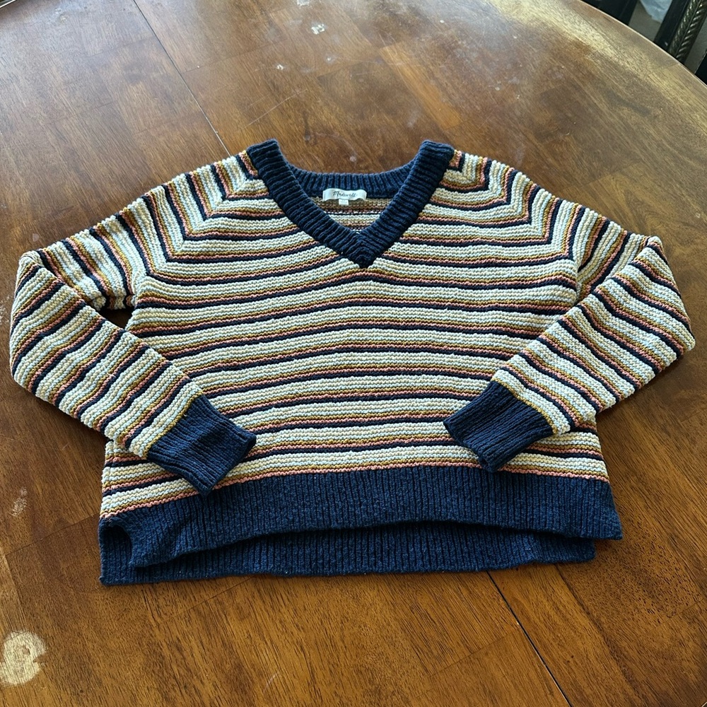 Women’s Madewell Arden Striped Cotton Knit V Neck Cropped Sweater sz Xs